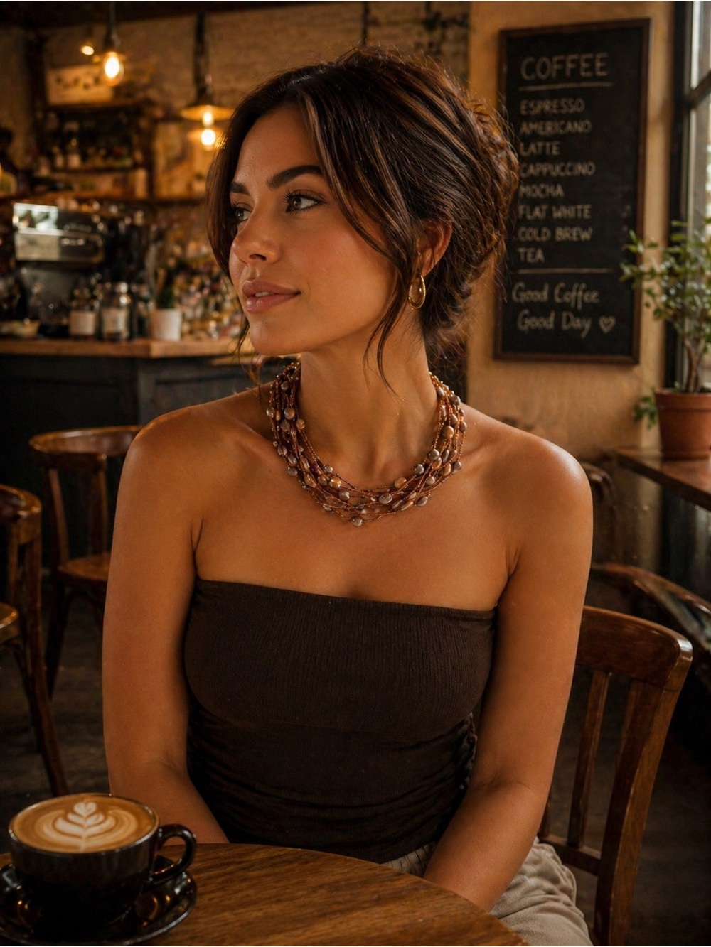 Multi-Strand Beaded Necklace in Brown and Gold Tones - Women Jewelry